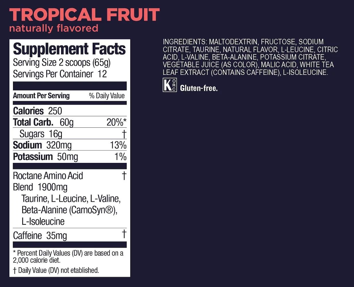 ROCTANE Energy Drink Mix 12ct NutritionFacts TropicalFruit Bột năng lượng GU Roctane Energy Drink Mix (Bình 12 phần) - YCB.vn