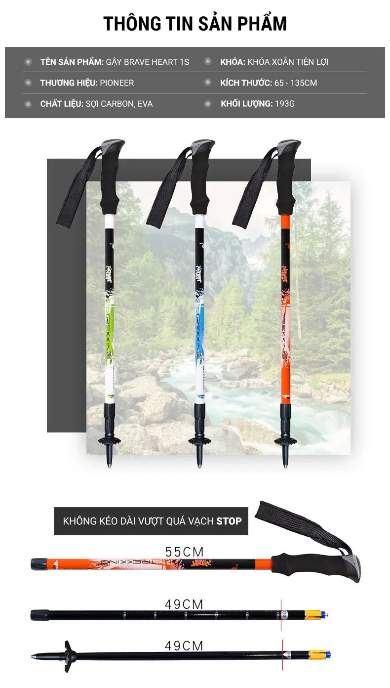 gay leo nui pioneer brave heart 1s pl 09 9 Gậy leo núi carbon chống sốc telescope Pioneer Brave Heart 1S (PL-09) - YCB.vn