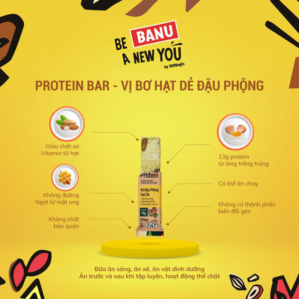 thanh nang luong protein Banu bo dau phong 4 Thanh Protein Banu - Bơ đậu phộng, hạt dẻ - YCB.vn