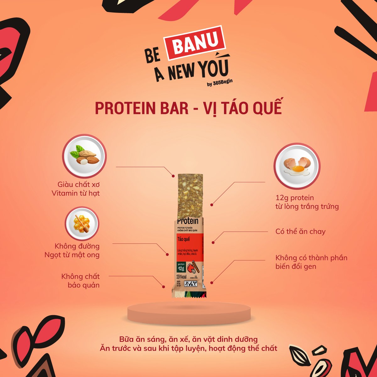 thanh nang luong protein Banu tao que 1 Thanh Protein Banu - Táo quế - YCB.vn