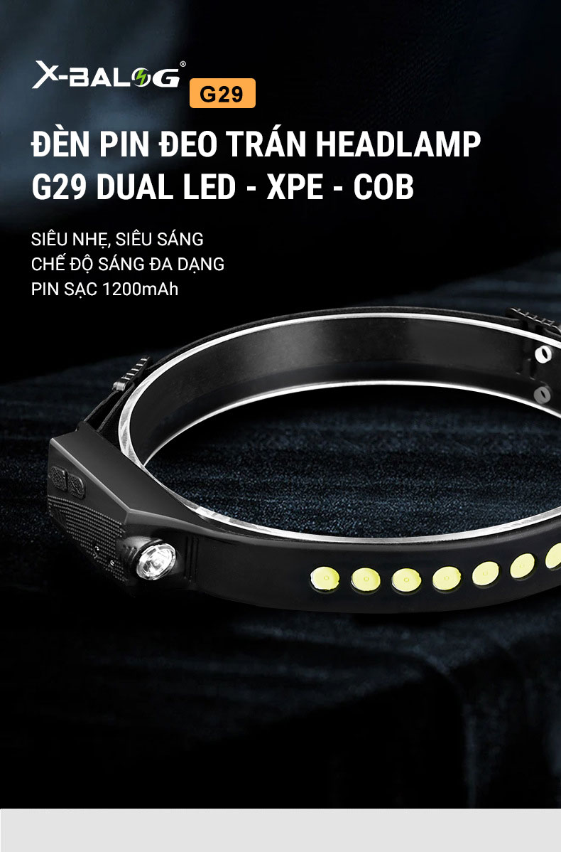 den pin deo tran headlamp g29 dual led xpe COB 17 Đèn pin đeo trán Headlamp G29 Dual LED – XPE + COB (pin sạc 1200mAh) - YCB.vn