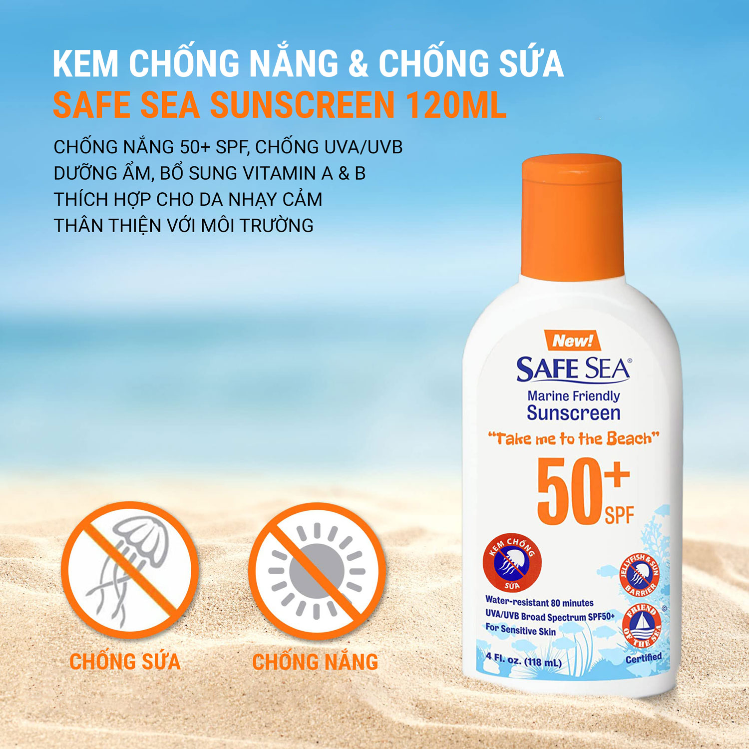 kem chong nang va sua safe sea marine friendly sunscreen 2 Kem chống nắng & chống sứa Safe Sea SPF 50+ Sunscreen (120ml) - YCB.vn